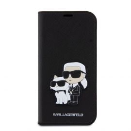 Karl Lagerfeld PU Saffiano Karl and Choupette NFT Book Case - дизайнерски кожен калъф, тип портфейл за iPhone 15 Pro (черен)