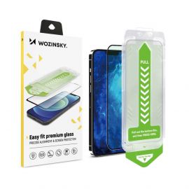 Wozinsky Easy Fit Full Glue 3D Tempered Glass - калено стъклено защитно покритие за дисплея на iPhone 15 (черен-прозрачен)