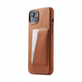 Mujjo Full Leather MagSafe Wallet Case - премиум кожен (естествена кожа) кейс с MagSafe за iPhone 15 Plus, iPhone 14 Plus (кафяв)