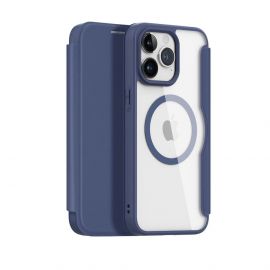 Dux Ducis Skin X Pro Magnetic Wallet Case - удароустойчив хибриден кожен кейс с отделение за карти и MagSafe за iPhone 15 Pro (син-прозрачен)