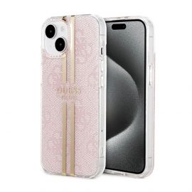 Guess IML 4G Gold Stripe Case - дизайнерски силиконов кейс за iPhone 15 (розов)