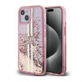 Guess Liquid Glitter Gold Stripe Case - дизайнерски кейс с висока защита за iPhone 15 (розов)