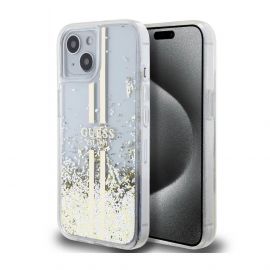 Guess Liquid Glitter Gold Stripe Case - дизайнерски кейс с висока защита за iPhone 15 (прозрачен)