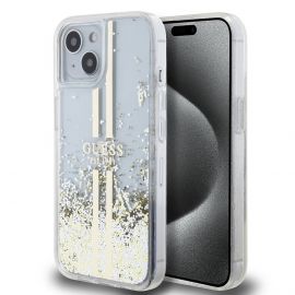 Guess Liquid Glitter Gold Stripe Case - дизайнерски кейс с висока защита за iPhone 15 Plus (прозрачен)