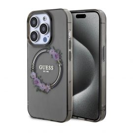Guess Flowers Ring Glossy Logo MagSafe Case - хибриден удароустойчив кейс с MagSafe за iPhone 15 Pro (черен-прозрачен)