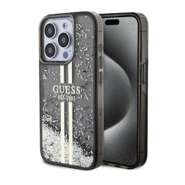 Guess Liquid Glitter Gold Stripe Case - дизайнерски кейс с висока защита за iPhone 15 Pro (черен)