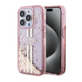 Guess Liquid Glitter Gold Stripe Case - дизайнерски кейс с висока защита за iPhone 15 Pro (розов)