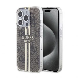 Guess IML 4G Gold Stripe Case - дизайнерски силиконов кейс за iPhone 15 Pro (кафяв)