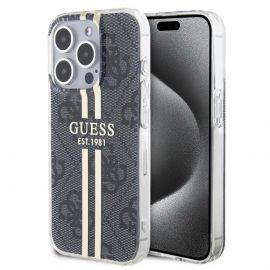 Guess IML 4G Gold Stripe Case - дизайнерски силиконов кейс за iPhone 15 Pro Max (черен)