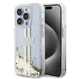 Guess Liquid Glitter Gold Stripe Case - дизайнерски кейс с висока защита за iPhone 15 Pro Max (прозрачен)