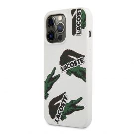 Lacoste Liquid Silicone Glossy Allover Pattern Case - дизайнерски силиконов калъф за iPhone 13 Pro (бял)