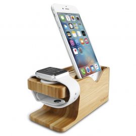 Spigen Stand S370 - бамбукова поставка за бюро за iPhone и Apple Watch (бамбук)