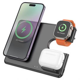 Hoco 3-in-1 Folding MagSafe Wireless Chargerging Station 15W - тройна поставка (пад) за безжично зареждане на iPhone с Magsafe, Apple Watch и Qi съвместими устройства (черен)
