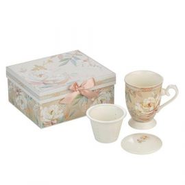 Порцеланова чаша за чай с цедка и капак - Божур 950372