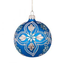 Стъклена синя топка със сребърни цветя RM03903S