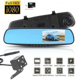 Авторегистратор видеорегистратор за автомобил с две камери предна и задна + огледало с монитор Full HD 1080P и 32 GB Micro SD Card карта с памет 12V -  CENT82