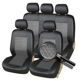 Комплект Калъфи/тапицерия за автомобил за предни и задни седалки, Еко кожа, Черно и Сиво