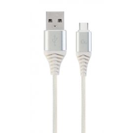 Кабел Premium cotton braided Type-C USB charging and data cable, 2 m, silver/white