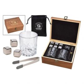 Уиски сет в дървена кутия кубчета + 2 чаши + щипка - Whisky Gift Sets