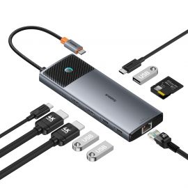 USB хъб Baseus 10 в 1 Metal Gleam II Series Type-C към 2xHDMI, USB-C, 3xUSB-A, RJ45, SD/TF,  USB-C(PD) B00061800813-01 - сив