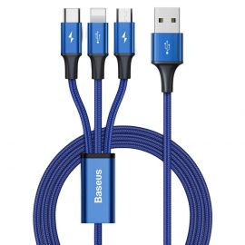 Кабел Baseus Rapid 3-in-1 USB Cable от USB-C към USB-C/Lightning/microUSB CAJS000003, 1.2m, син