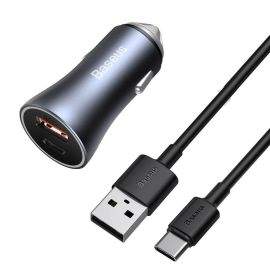 Зарядно за кола Baseus с USB-A и USB-C изхода 40W + кабел USB-А към USB-C 1м, тъмно сив
