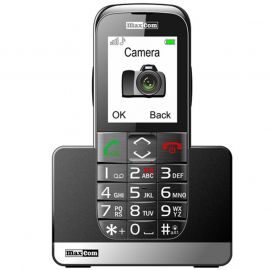 Maxcom Мобилен телефон MM720 SS, големи бутони, VGA камера, SOS бутон, FM радио, зарядно-стойка, черен