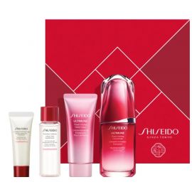Shiseido Ultimune Комплект за жени Енергизиращ и защитен концентрат за лице 50 ml. Активно почистваща пяна 15 ml. Почистваща вода за лице 30 ml. Крем за ръце 40 ml.