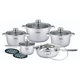 Комплект тенджери и тигани Rosberg R51210L12BM, 12 части, Многослойно дъно, Неръждаема стомана, Сребрист