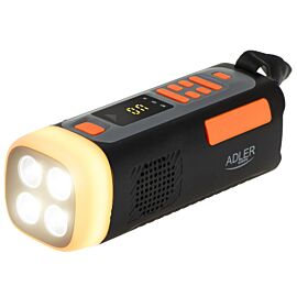 Аварийно радио Adler AD 1920, Соларен панел/Ръчно динамо/USB-C, 4500 mAh, Bluetooth, LED дисплей, Черен/Оранжев