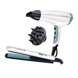 Подаръчен комплект Remington S8500GP, Преса, Сешоар, 2300W, 150C - 230C, Turbo Boost, Йонизация, Аксесоари, Бял