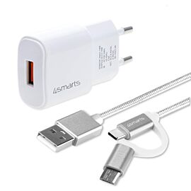 4smarts Fast Wall Charger VoltPlug QC3.0 18W with ComboCord Cable - комплект захранване за ел. мрежа и качествен кабел с оплетка от здрав текстил за microUSB и USB-C стандарти (б