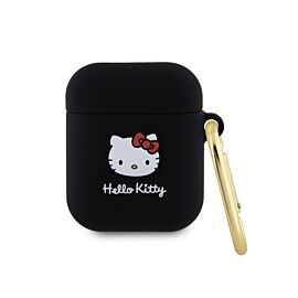 Hello Kitty AirPods Liquid Silicone 3D Kitty Head Logo Case - силиконов калъф с карабинер за Apple AirPods и Apple AirPods 2 (черен)