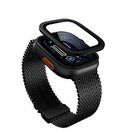Сапфирено калено стъклено защитно покритие с титаниева рамка за Apple Watch Ultra, Ultra 2, Ultra 3 49мм - MagEasy Fortiz Sapphire Tempered Glass (черен-прозрачен)