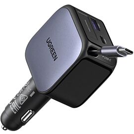 Зарядно за кола с вграден USB-C кабел и USB-A и USB-C изходи - Ugreen EC602 3 in 1 Fast Car Charger With USB-C Cable 60W (черен)
