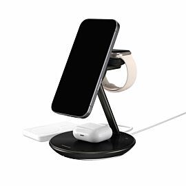 Четворна поставка (пад) за безжично зареждане за iPhone с Magsafe, Apple Watch, AirPods, Qi съвместими устройства - MagEasy PowerStation 5-in-1 Magnetic Wireless Charging Stand Qi2 15W (чере