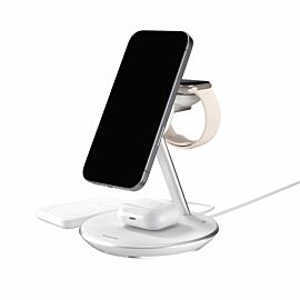 Четворна поставка (пад) за безжично зареждане за iPhone с Magsafe, Apple Watch, AirPods, Qi съвместими устройства - MagEasy PowerStation 5-in-1 Magnetic Wireless Charging Stand Qi2 15W (бял)