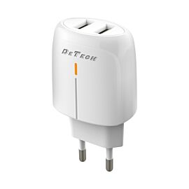 Мрежово зарядно устройство DeTech DE-32, 18W, 2 x USB F, QC, Бял - 40324