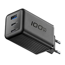 Cellularline Зарядно 220V GaN+ PD 100W 3 порта 2xUSB-C + USB-A черно 15418